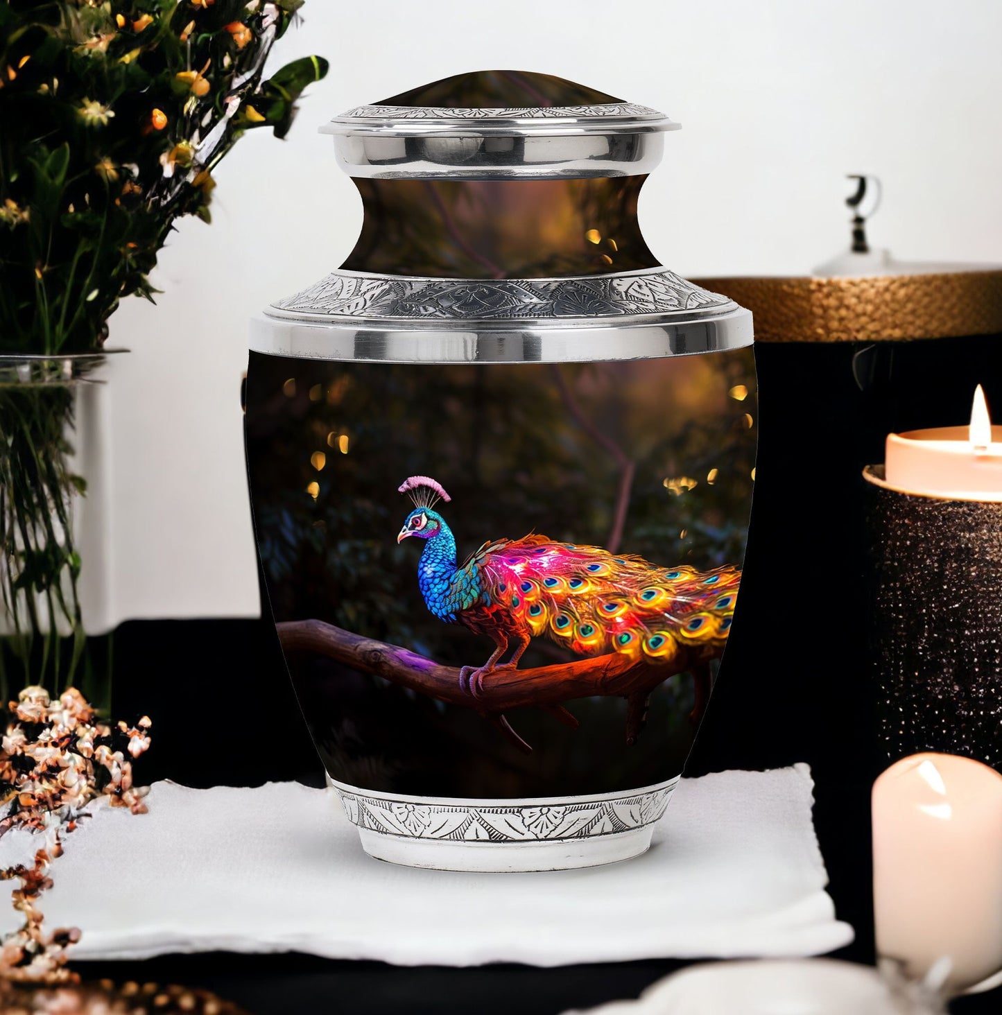 3-inch Classic Peacock Urn for ashes, customizable.