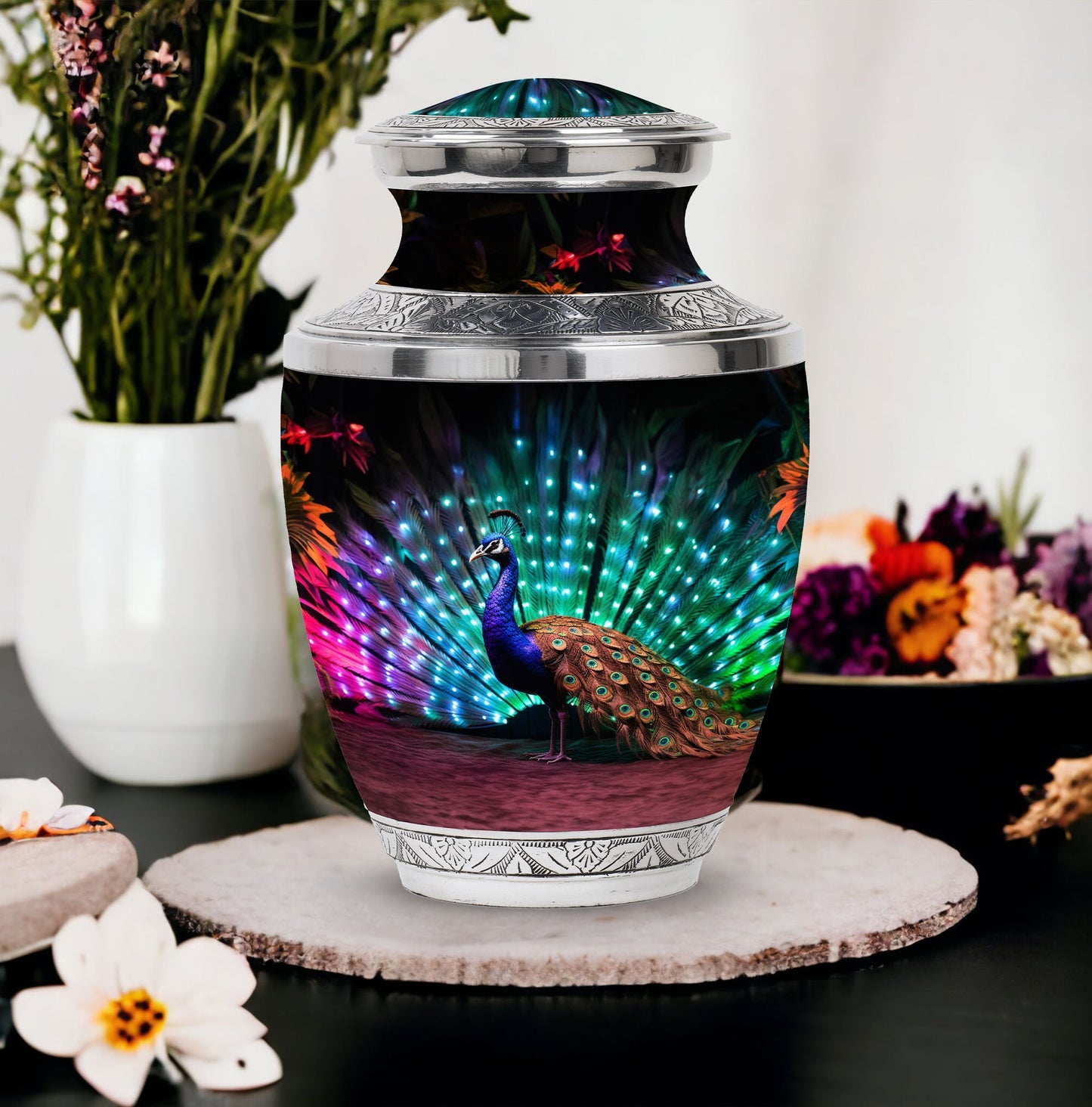 Classic Peacock Cremation Urn, 3-inch, made of Aluminium.