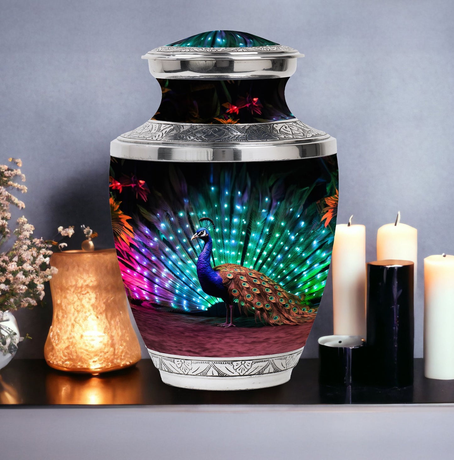 Classic Peacock Cremation Urn, 3-inch, made of Aluminium.