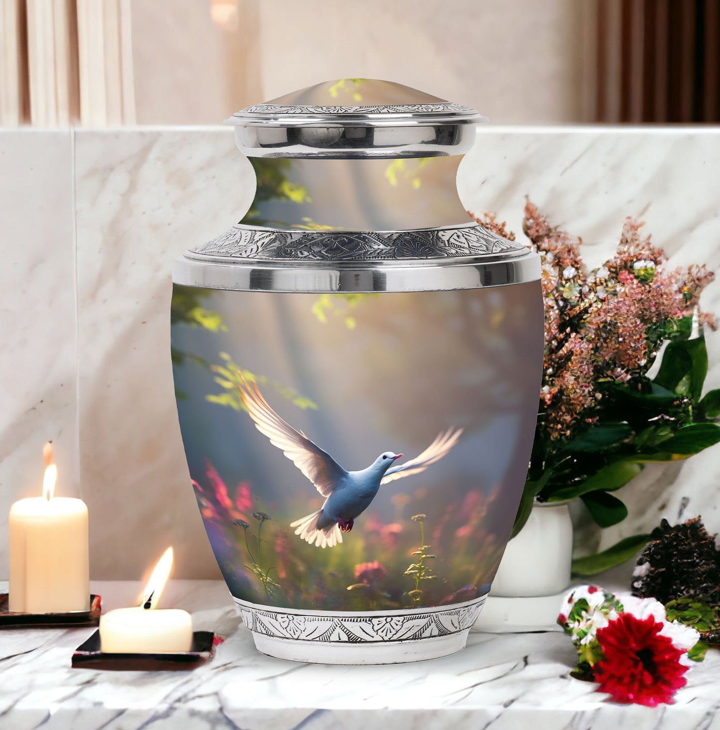 Classic 3 inch Dove Urn, aluminium large cremation urn.