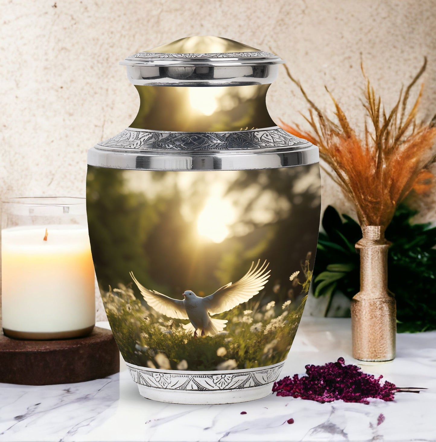 Customisable Dove Cremation Urn in Aluminium.