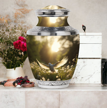 Customisable Dove Cremation Urn in Aluminium.