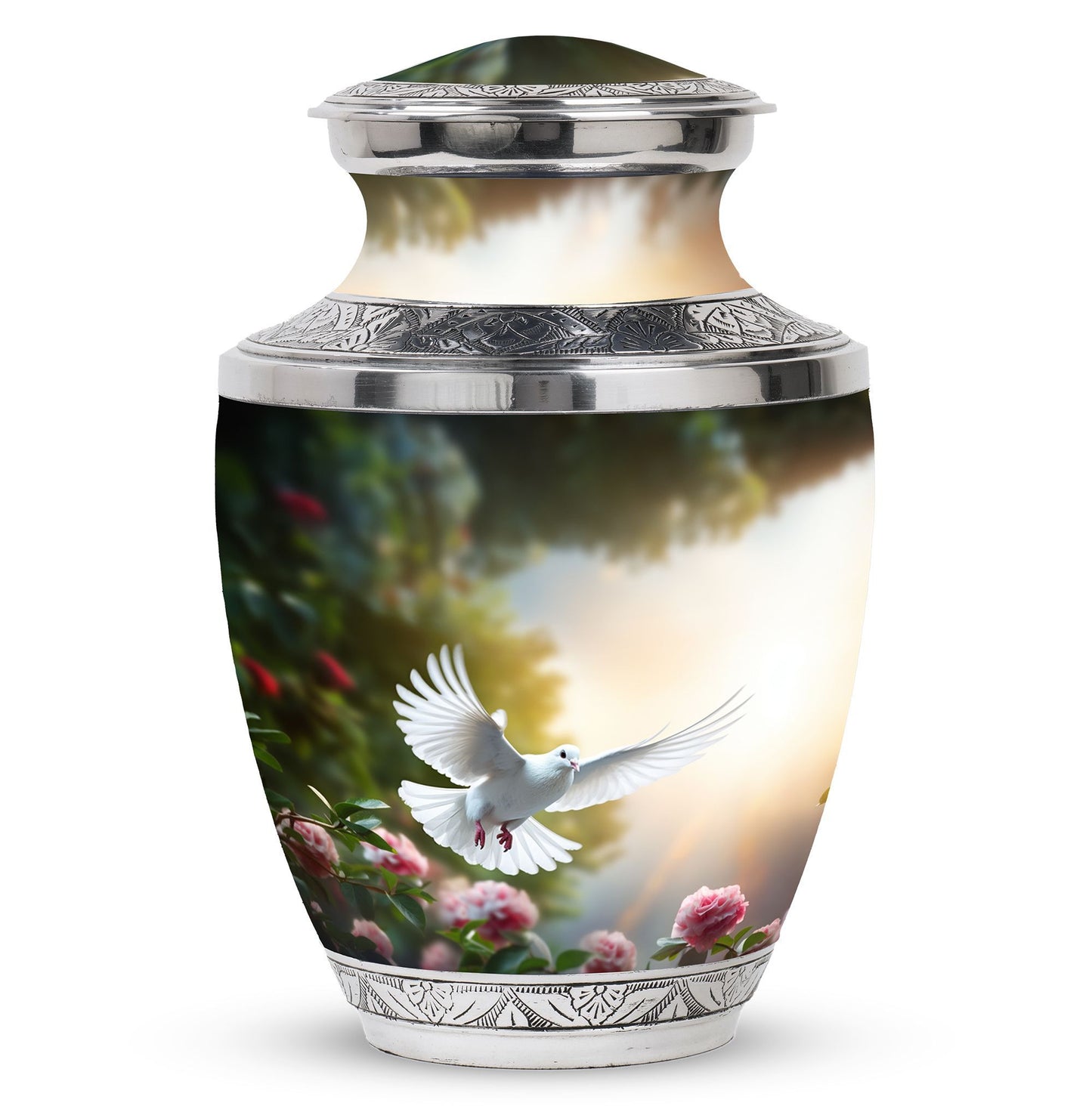 Dove flying Memorial Urn, Classic urn for cremation.