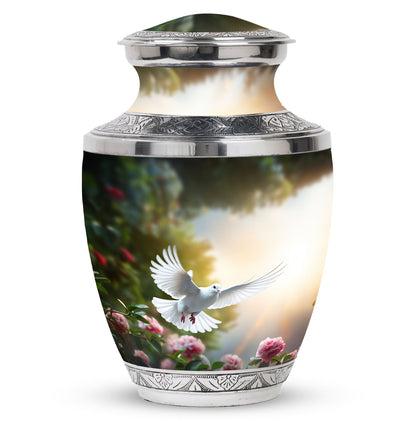 Dove flying Memorial Urn, Classic urn for cremation.