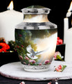 Dove flying Memorial Urn, Classic urn for cremation.