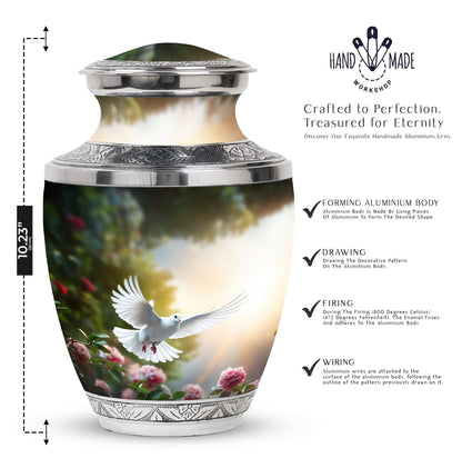 Dove flying Memorial Urn, Classic urn for cremation.