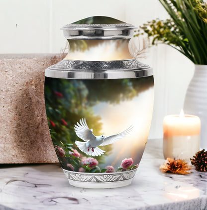 Dove flying Memorial Urn, Classic urn for cremation.