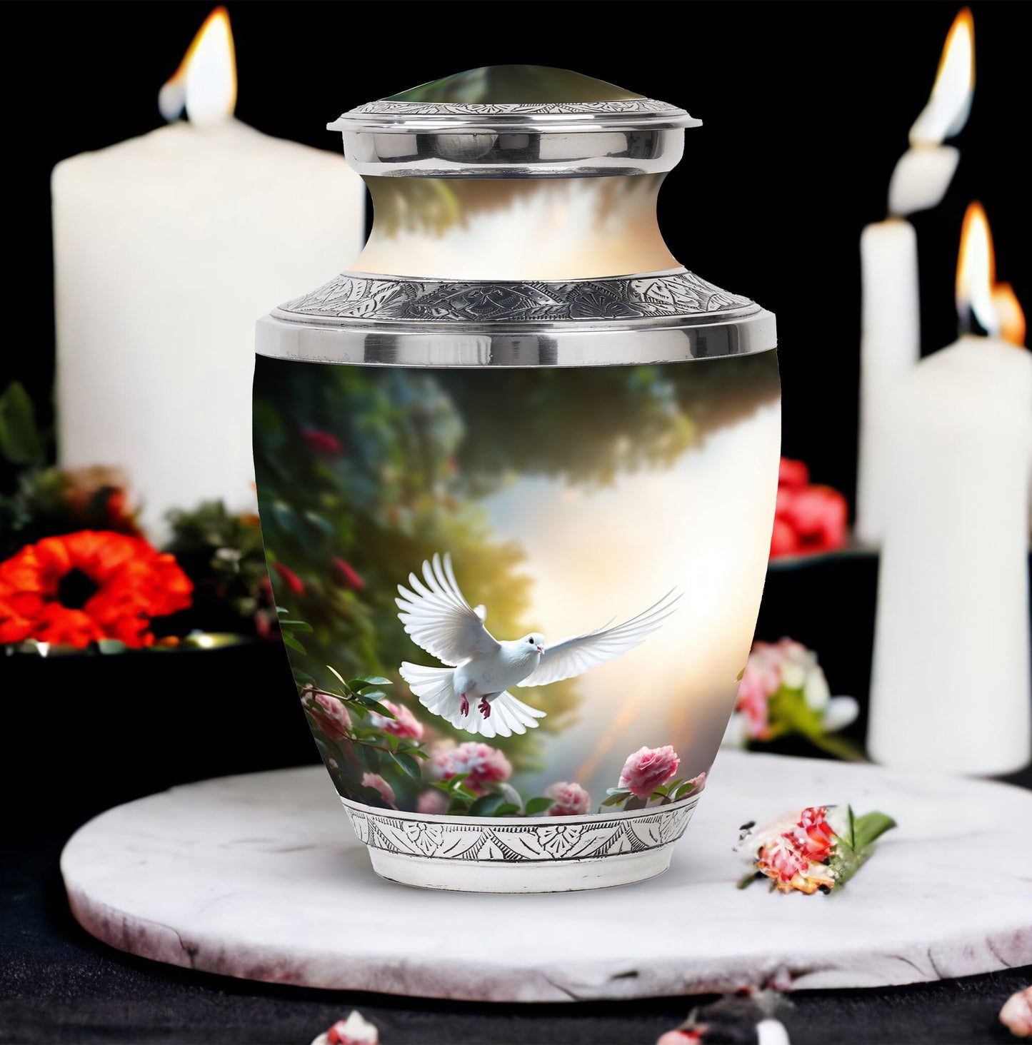 Dove flying Memorial Urn, Classic urn for cremation.