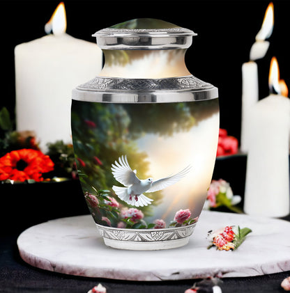 Dove flying Memorial Urn, Classic urn for cremation.