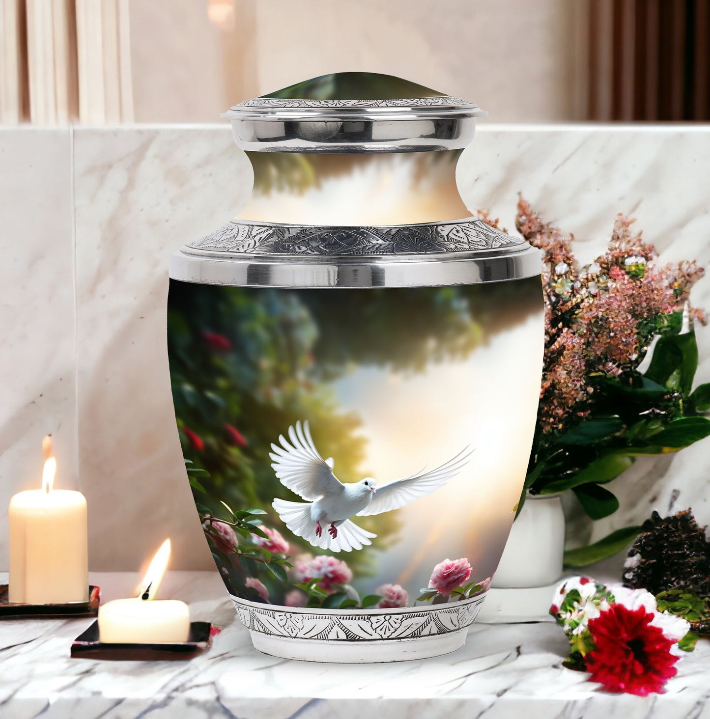 Dove flying Memorial Urn, Classic urn for cremation.