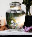 Dove flying Memorial Urn, Classic urn for cremation.