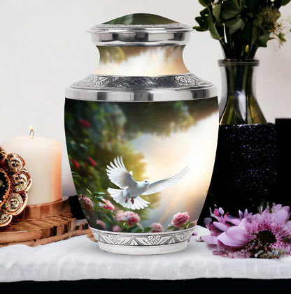 Dove flying Memorial Urn, Classic urn for cremation.