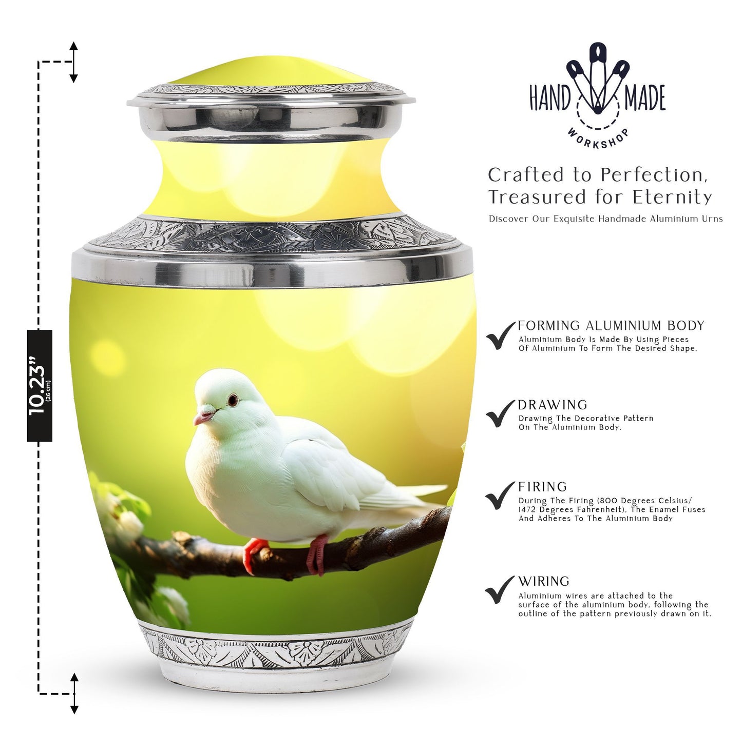 Dove Urn for Ashes, Large Aluminium Cremation Urn.
