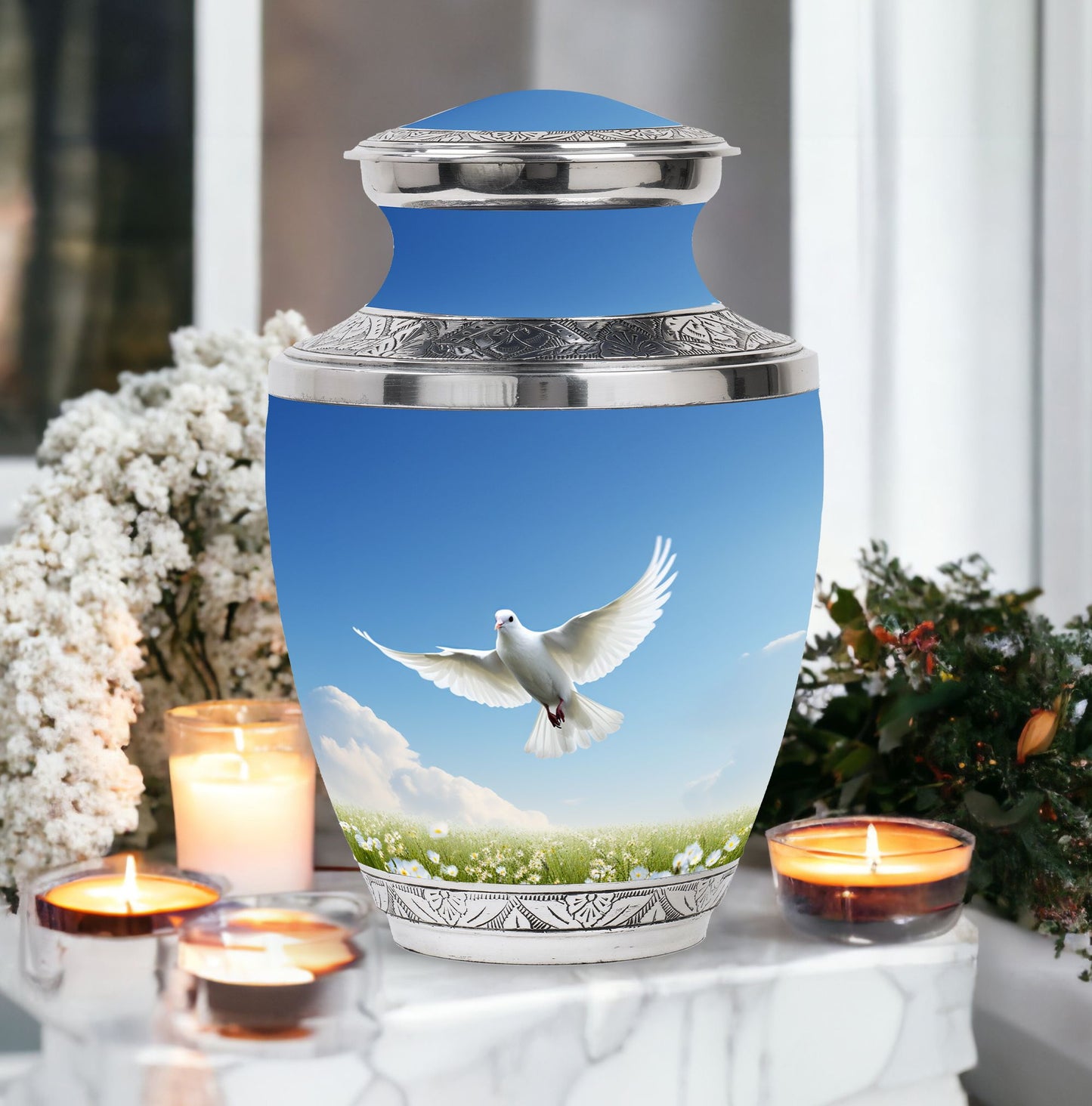 3-inch Dove Urn for ashes, classic design in aluminium.