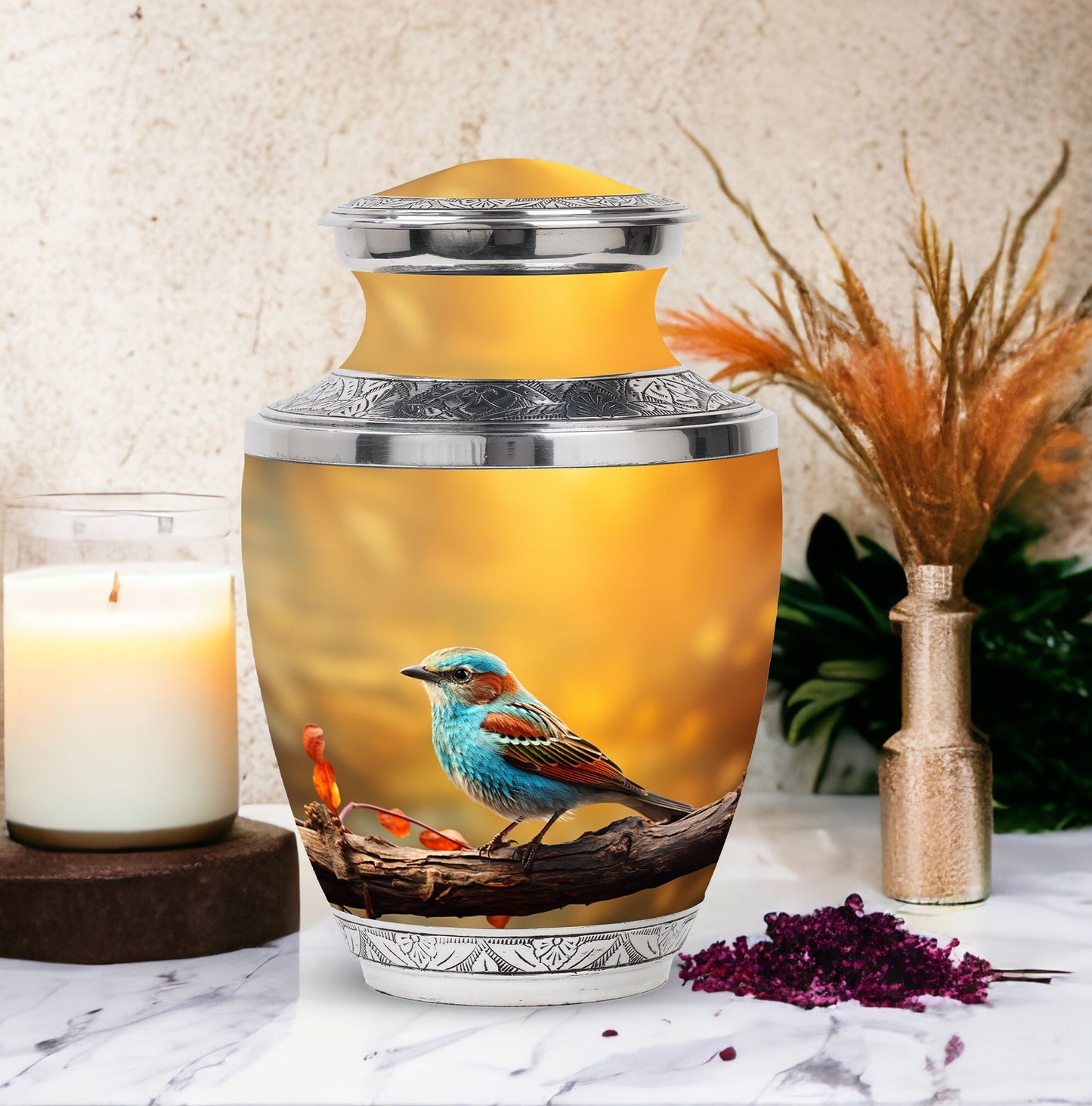 Colorful Sparrow Cremation Urn, Aluminum Large Urn 
