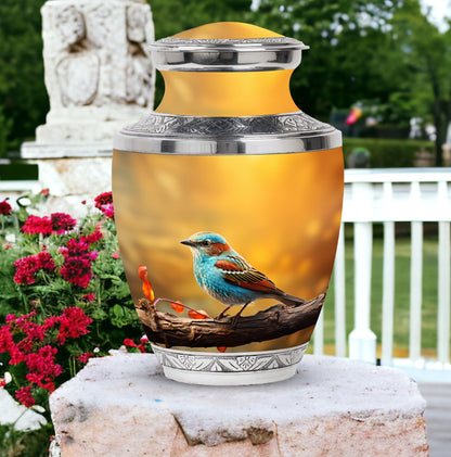 Colorful Sparrow Cremation Urn, Aluminum Large Urn 