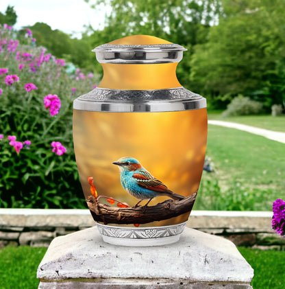 Colorful Sparrow Cremation Urn, Aluminum Large Urn 