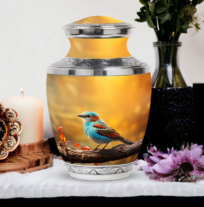 Colorful Sparrow Cremation Urn, Aluminum Large Urn 