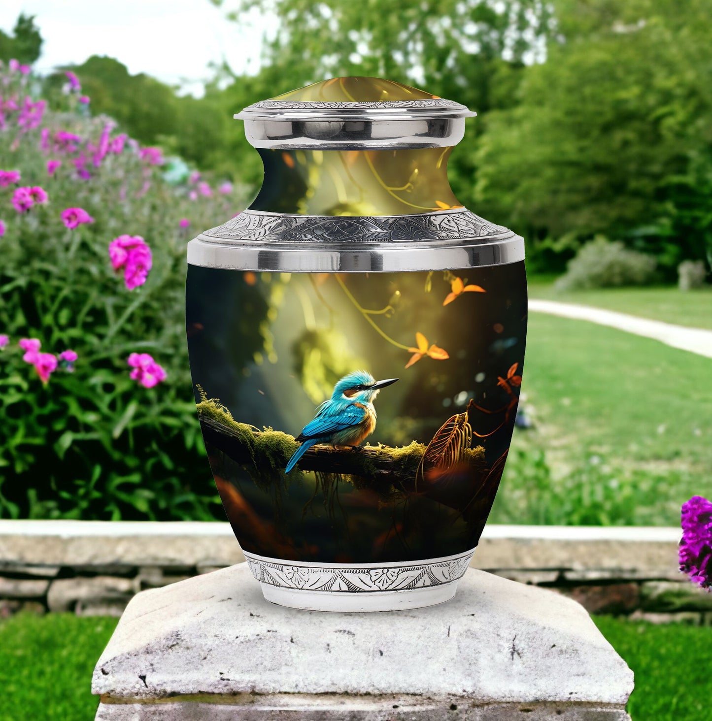 3-inch Blue Sparrow Classic Urn made of Aluminium for ashes.