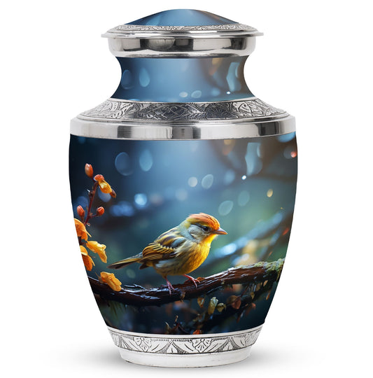 Yellow sparrow 3-inch classic cremation urn.