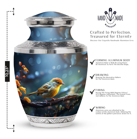 Yellow sparrow 3-inch classic cremation urn.