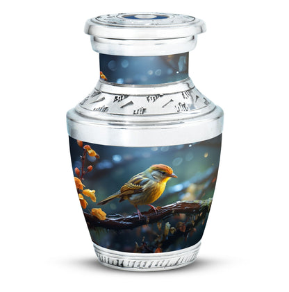 Yellow sparrow 3-inch classic cremation urn.