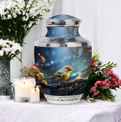Yellow sparrow 3-inch classic cremation urn.