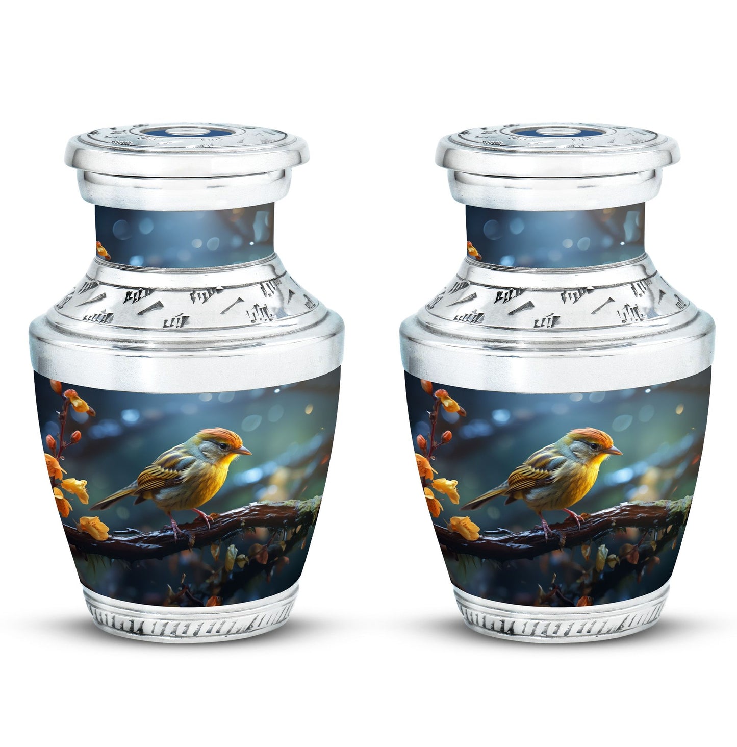 Yellow sparrow 3-inch classic cremation urn.