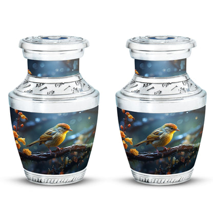 Yellow sparrow 3-inch classic cremation urn.