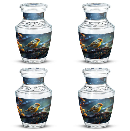 Yellow sparrow 3-inch classic cremation urn.