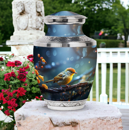 Yellow sparrow 3-inch classic cremation urn.