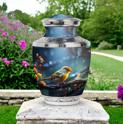 Yellow sparrow 3-inch classic cremation urn.