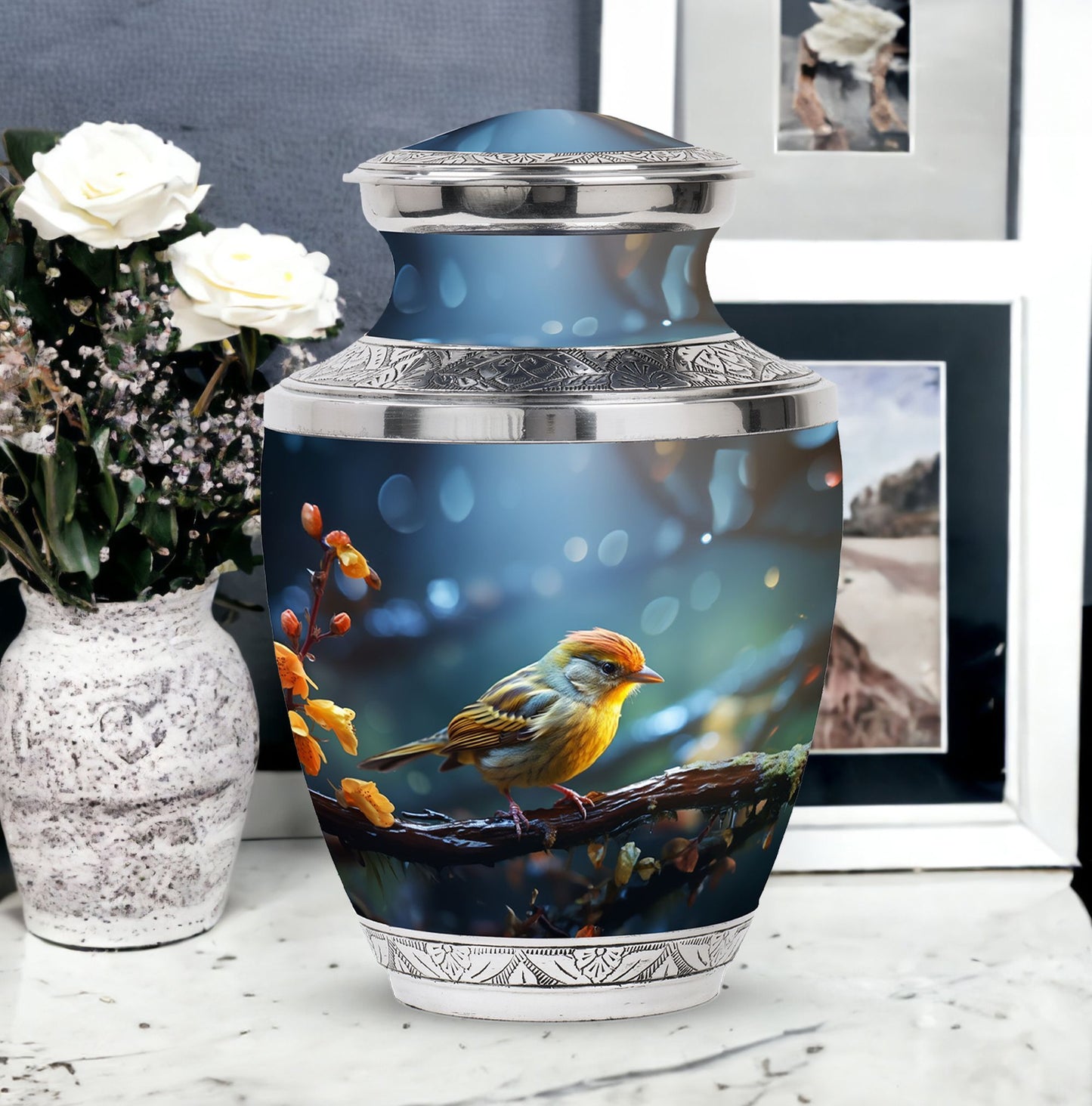 Yellow sparrow 3-inch classic cremation urn.