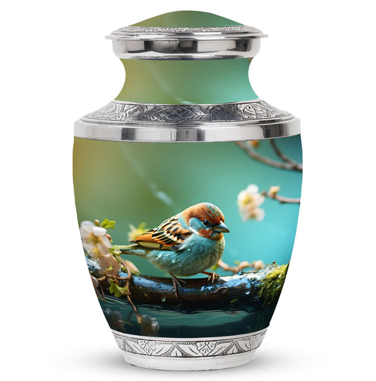 Golden Sparrow Memorial Urn, classic 3-inch aluminium urn.