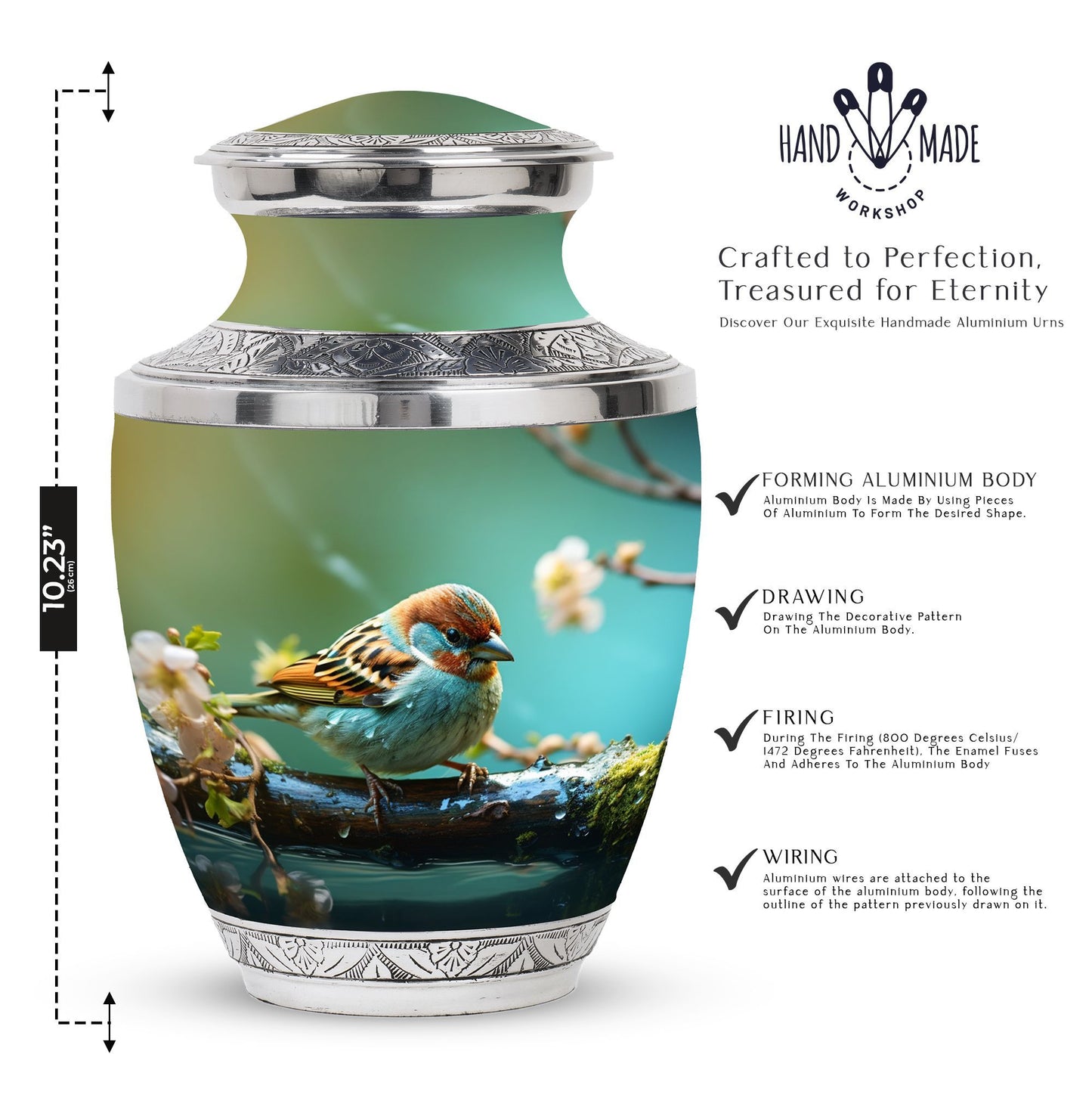 Golden Sparrow Memorial Urn, classic 3-inch aluminium urn.