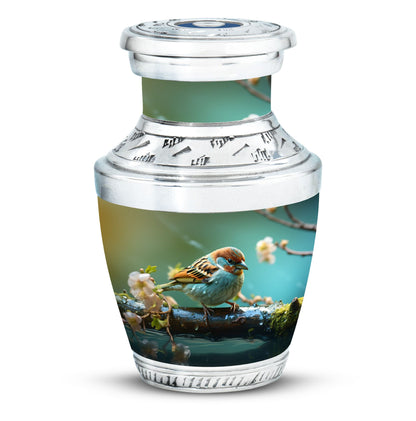 Golden Sparrow Memorial Urn, classic 3-inch aluminium urn.