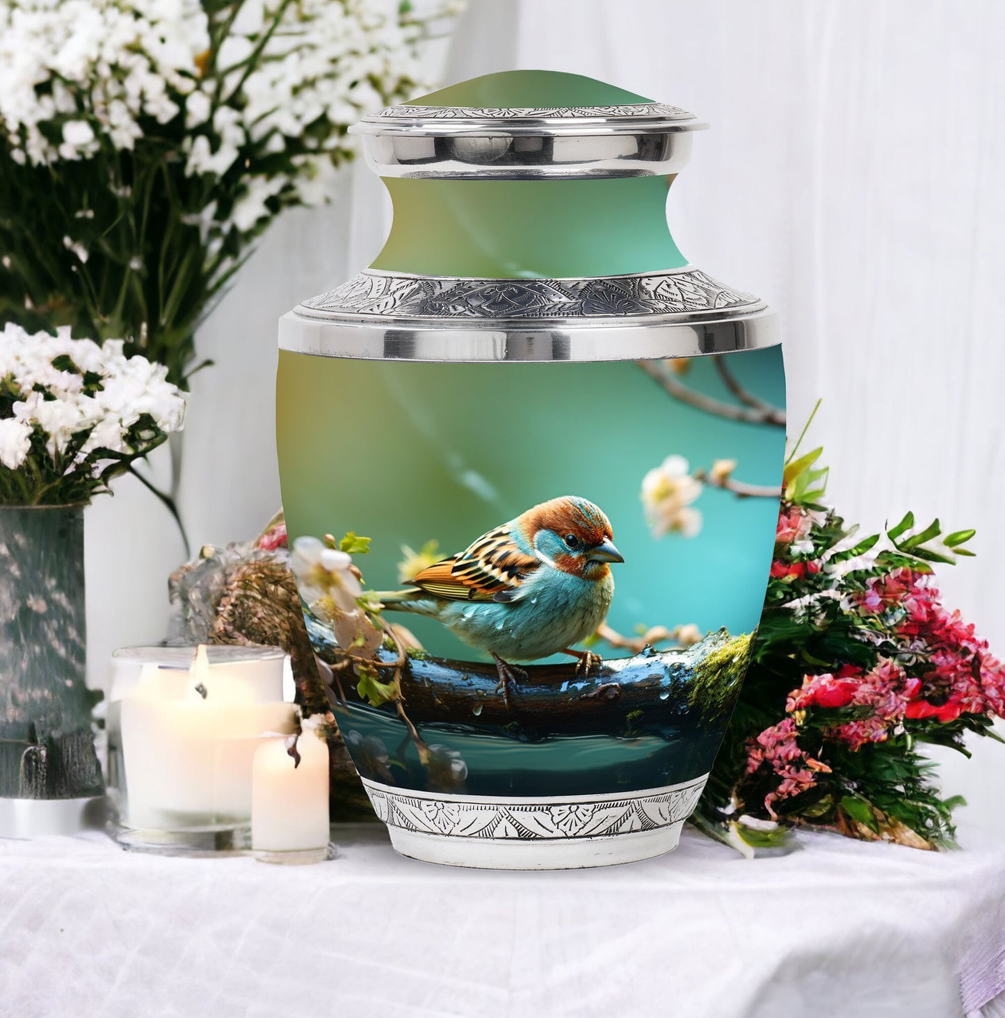Golden Sparrow Memorial Urn, classic 3-inch aluminium urn.