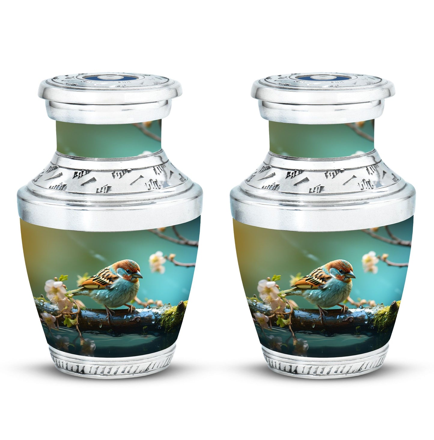 Golden Sparrow Memorial Urn, classic 3-inch aluminium urn.