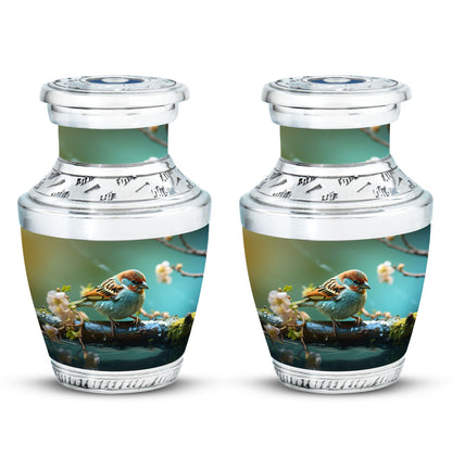 Golden Sparrow Memorial Urn, classic 3-inch aluminium urn.