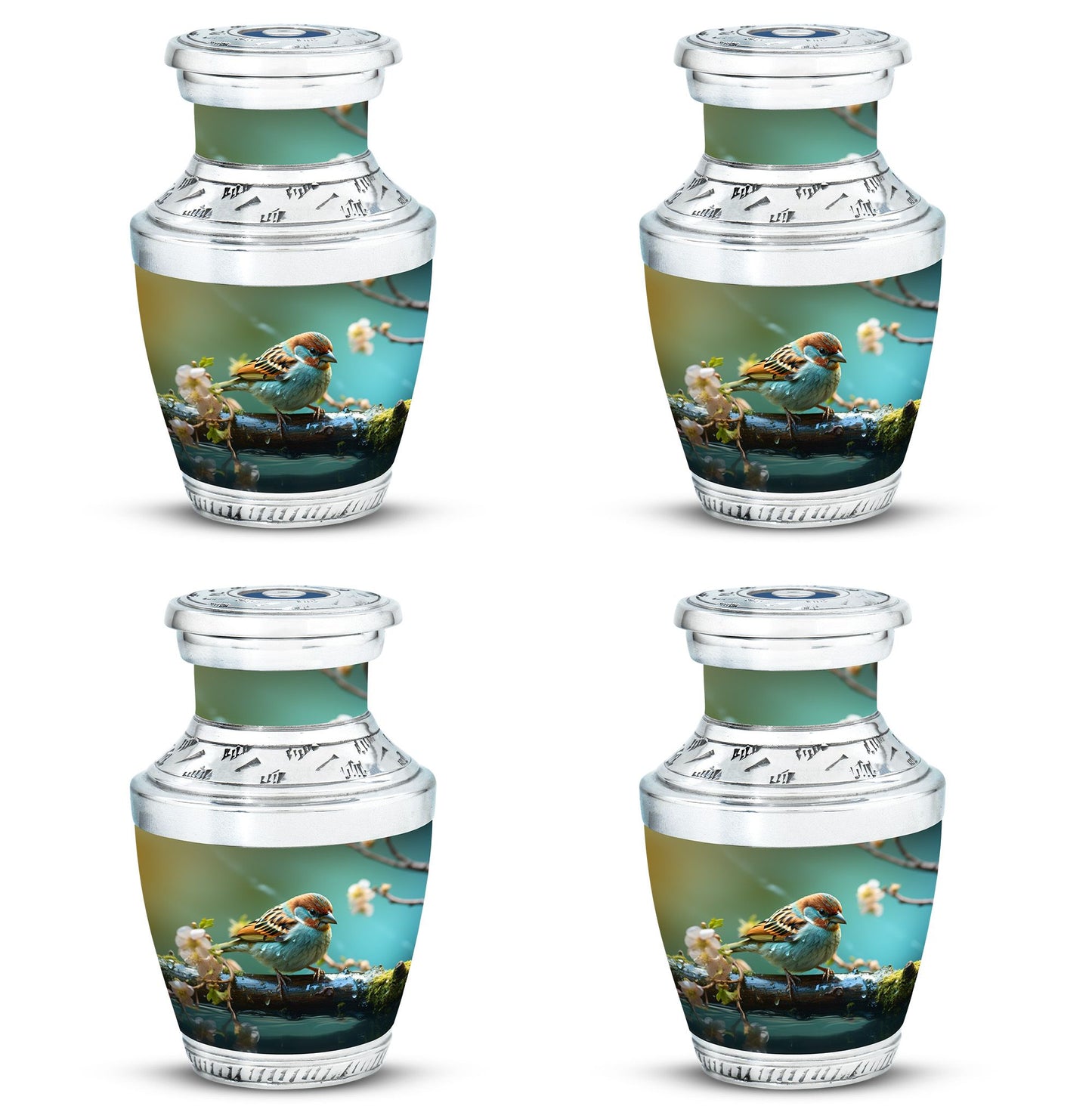 Golden Sparrow Memorial Urn, classic 3-inch aluminium urn.