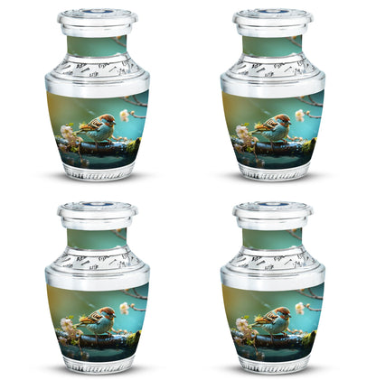 Golden Sparrow Memorial Urn, classic 3-inch aluminium urn.