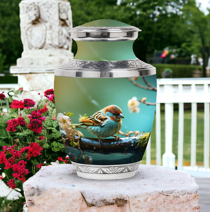 Golden Sparrow Memorial Urn, classic 3-inch aluminium urn.