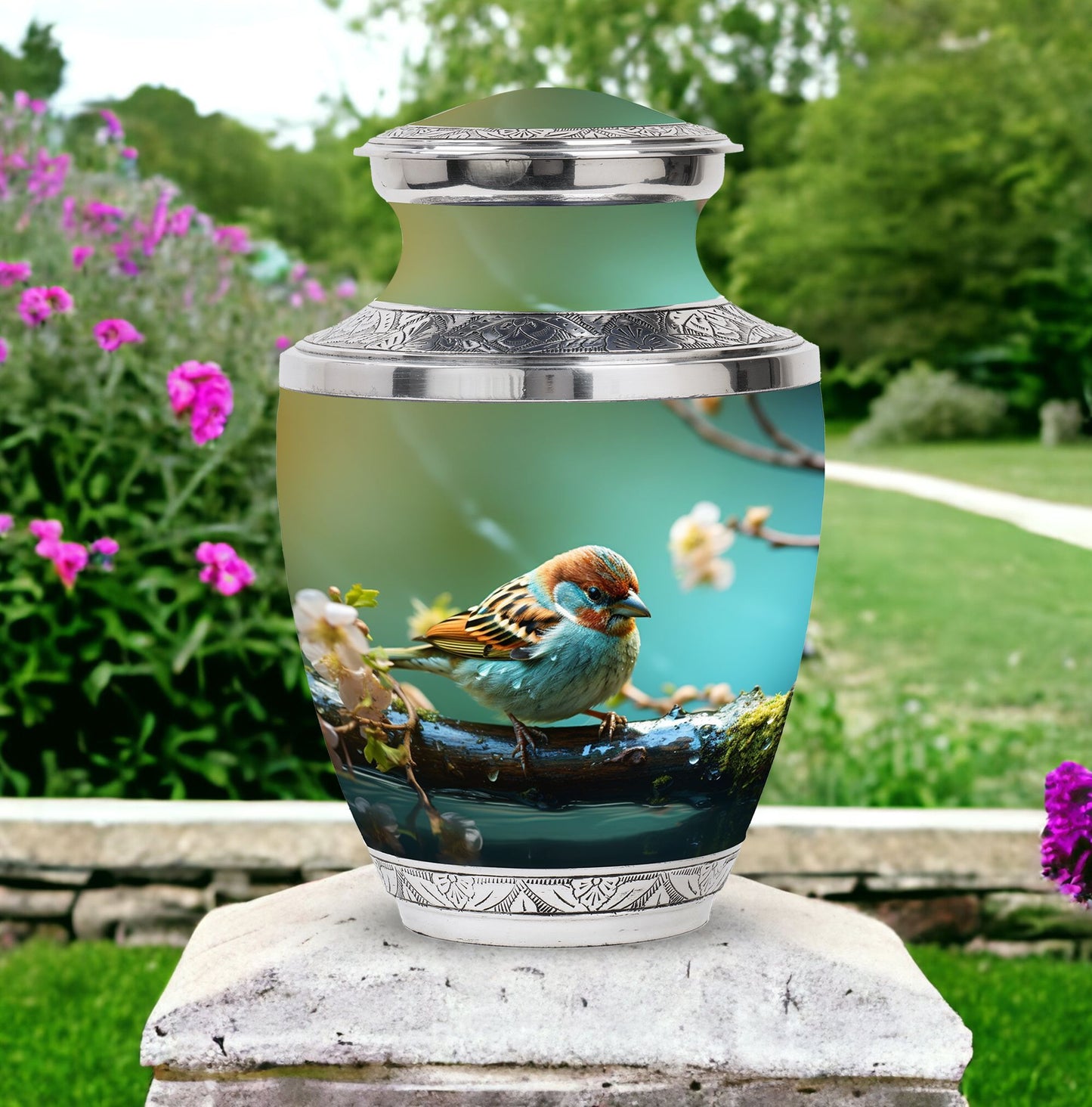 Golden Sparrow Memorial Urn, classic 3-inch aluminium urn.