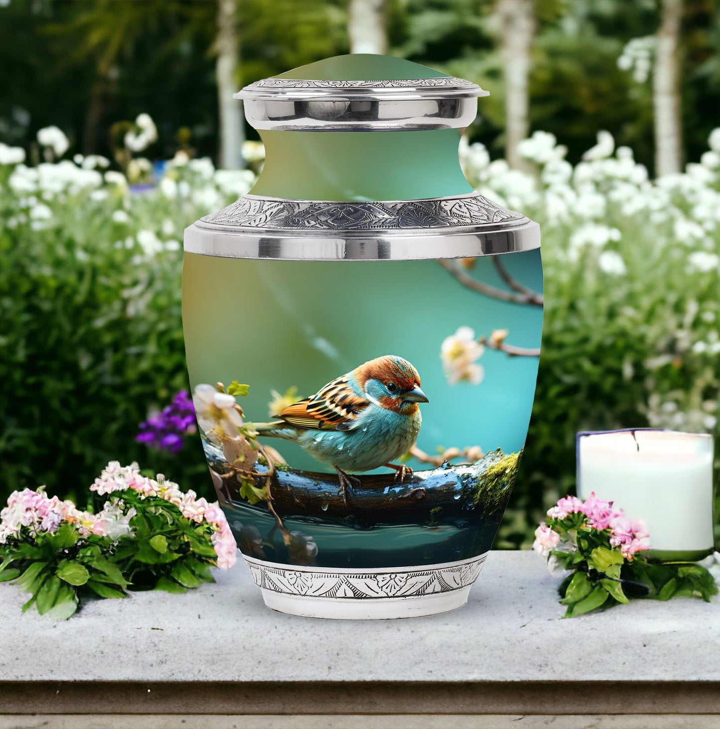 Golden Sparrow Memorial Urn, classic 3-inch aluminium urn.