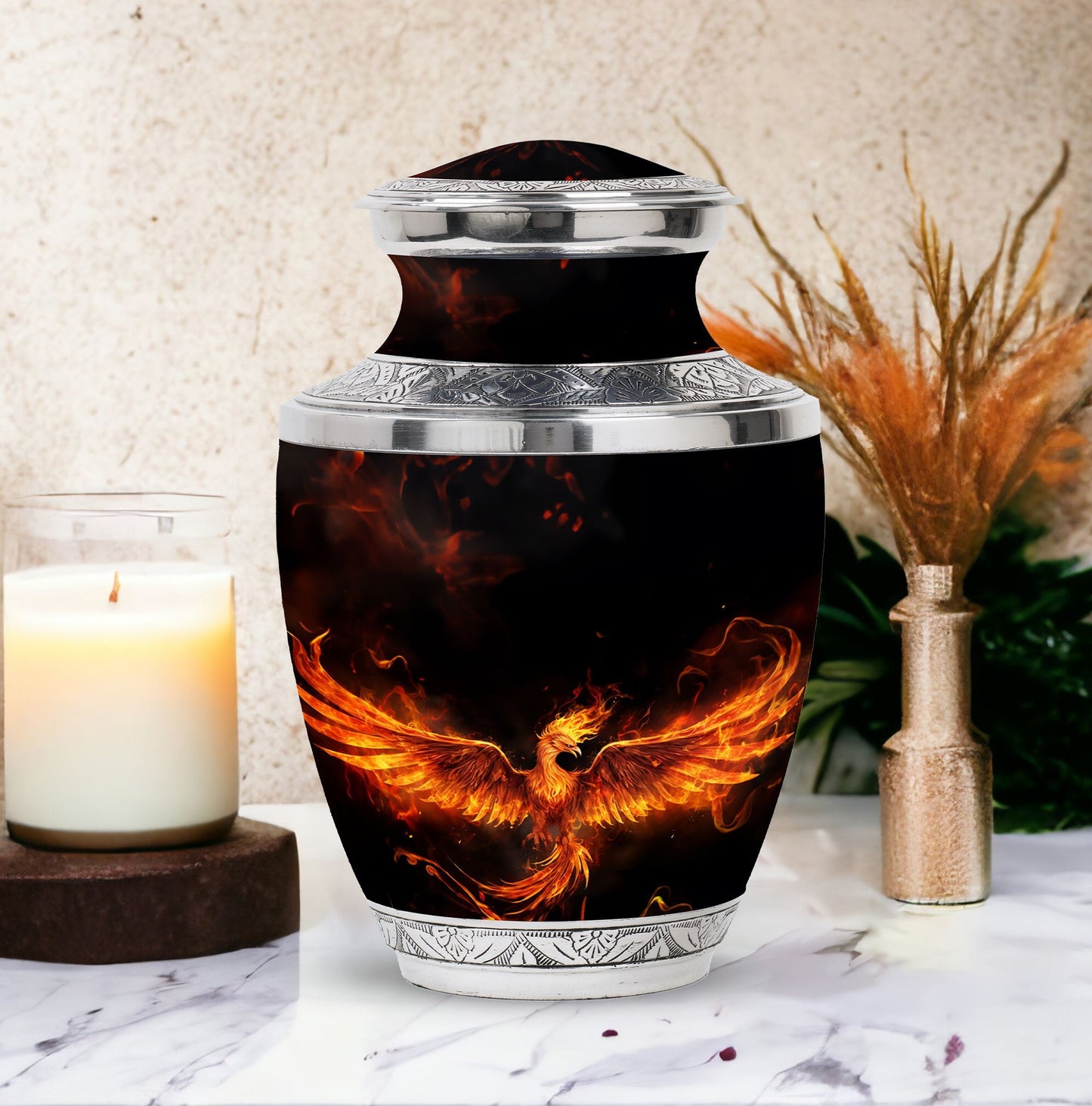 Fire Phoenix Urn, large classic aluminium funeral urn