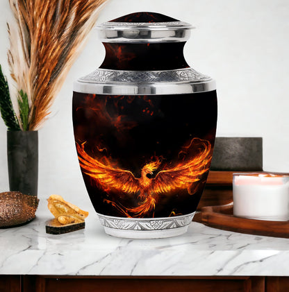 Fire Phoenix Urn, large classic aluminium funeral urn