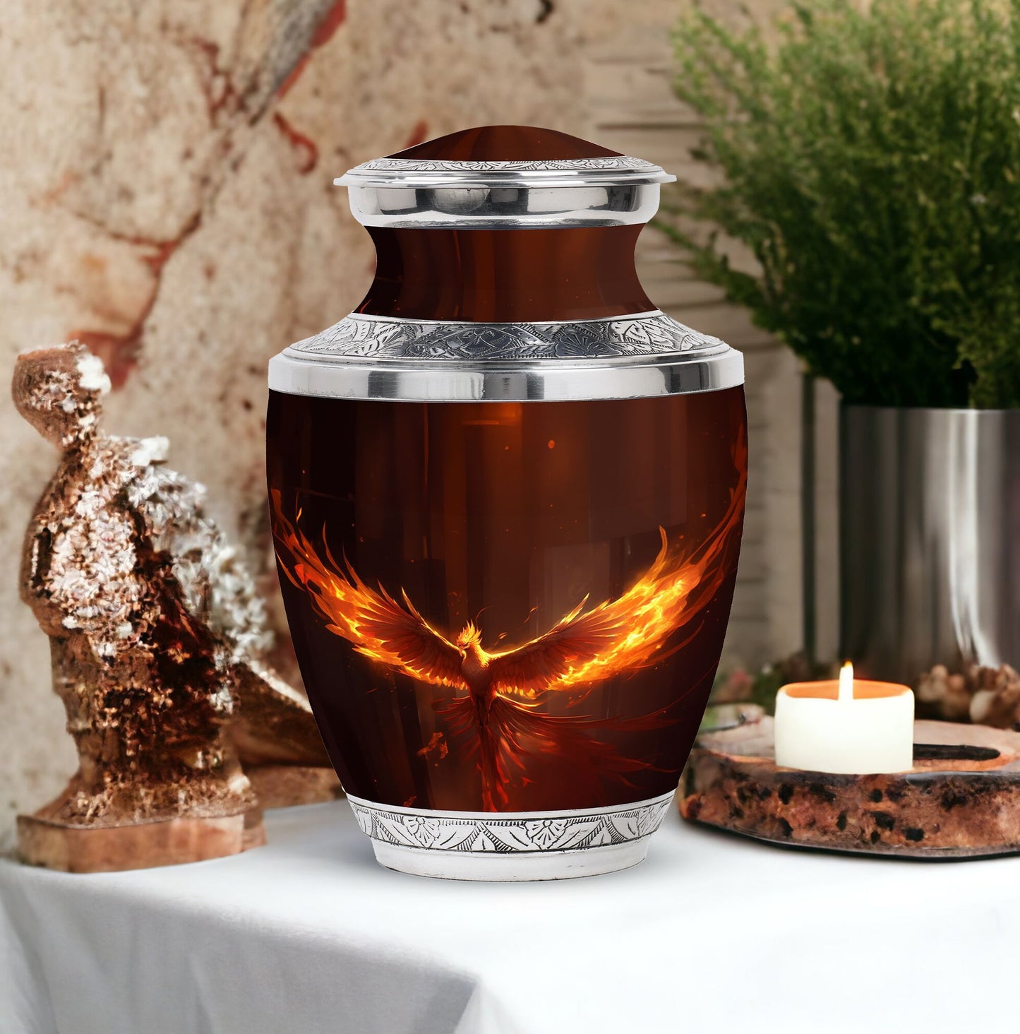 Classic Phoenix Urn, 3-inch large aluminum cremation urn.