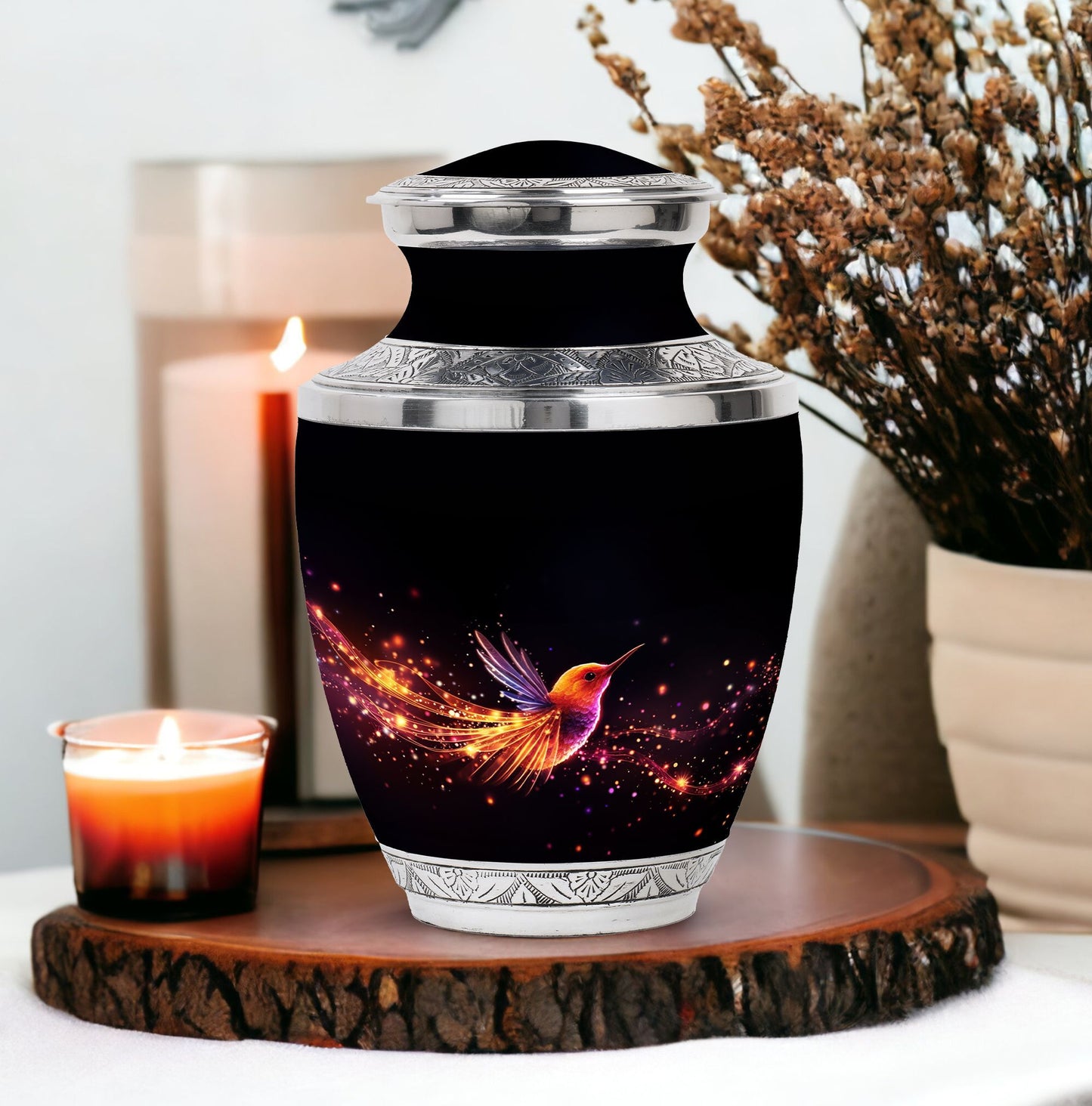 Colorful Sparrow Memorial Urn, engraved personalization