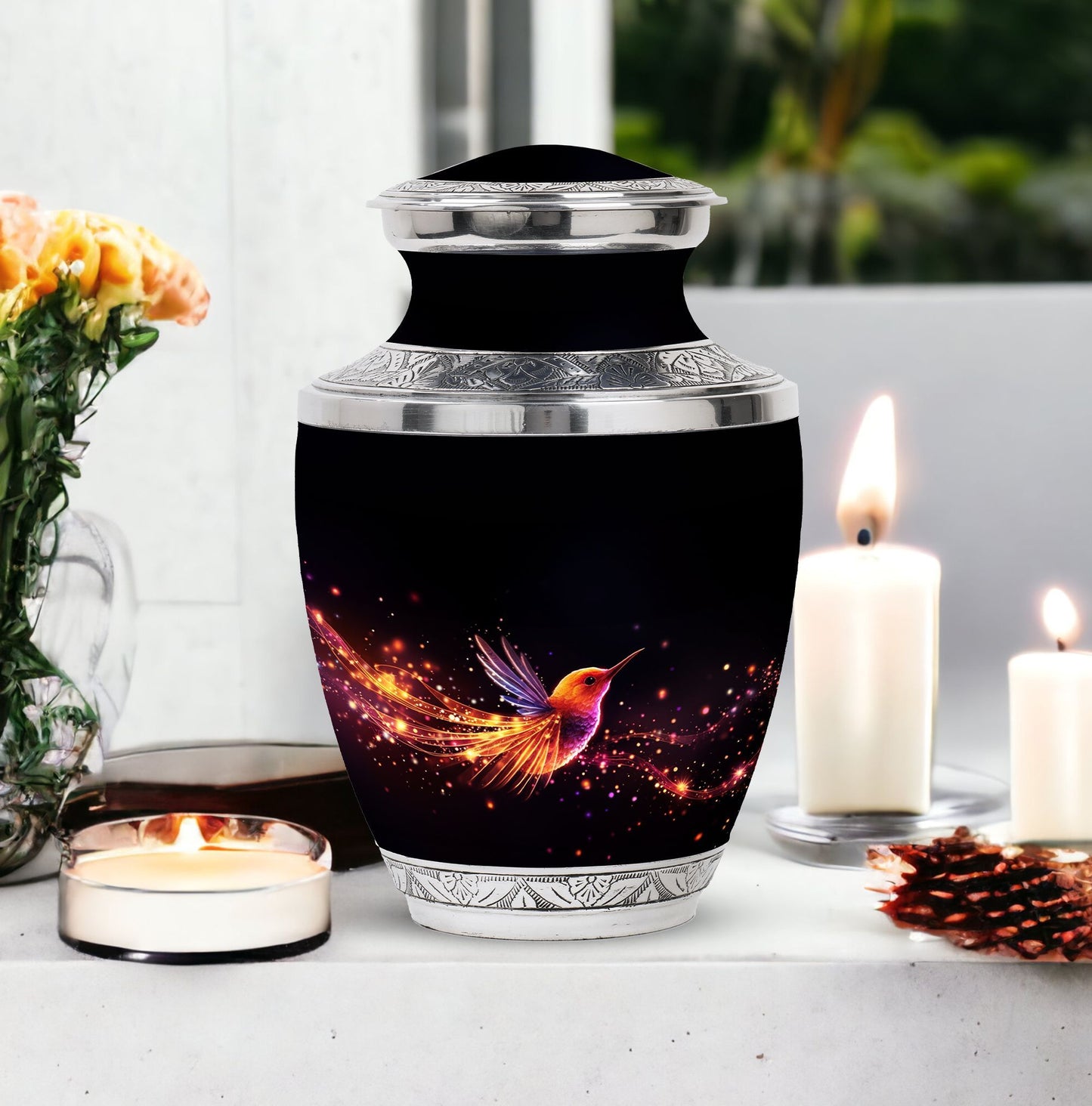 Colorful Sparrow Memorial Urn, engraved personalization