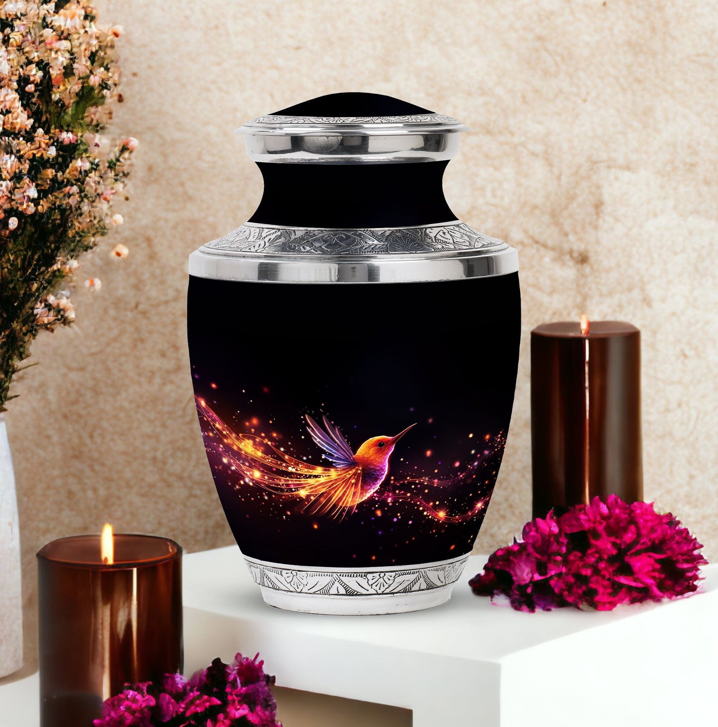 Colorful Sparrow Memorial Urn, engraved personalization
